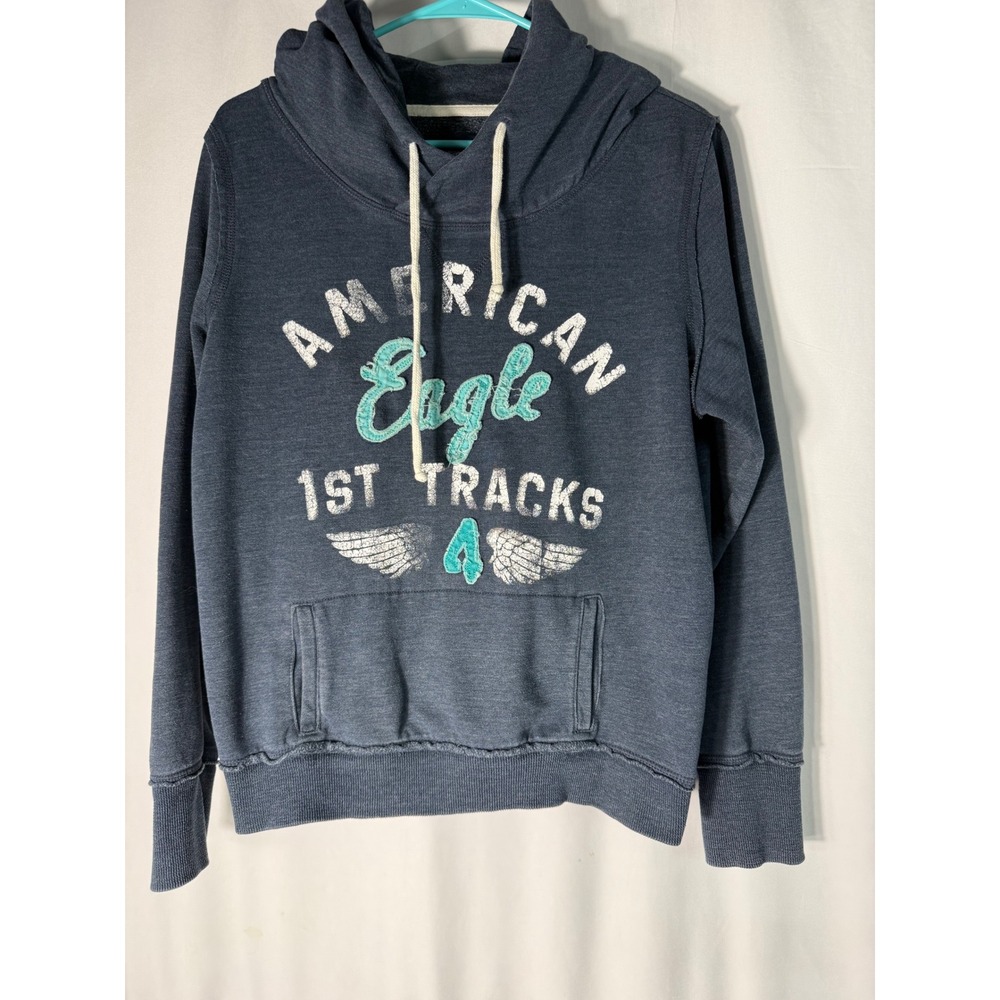 American Eagle Womens XL Hoodie Navy Blue 1st Tracks Graphic Ski Sweatshirt VTG